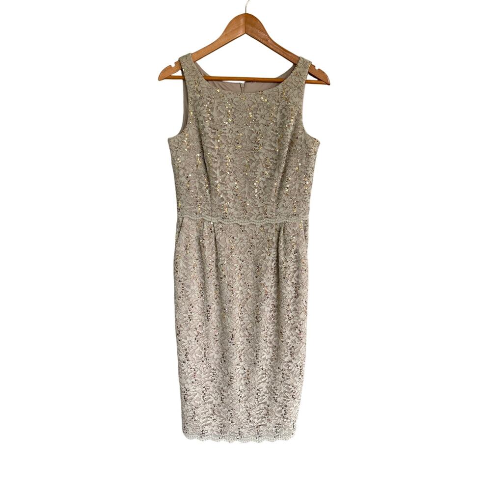 Alex Evenings Floral Overlay Sequin Knee Length Dress & Scarf Cream Sage Size 8